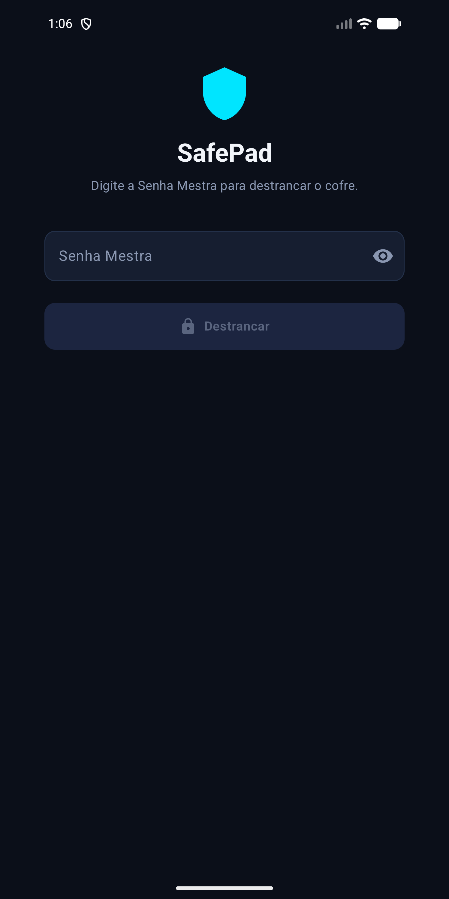 Tela de desbloqueio pedindo a Senha Mestra