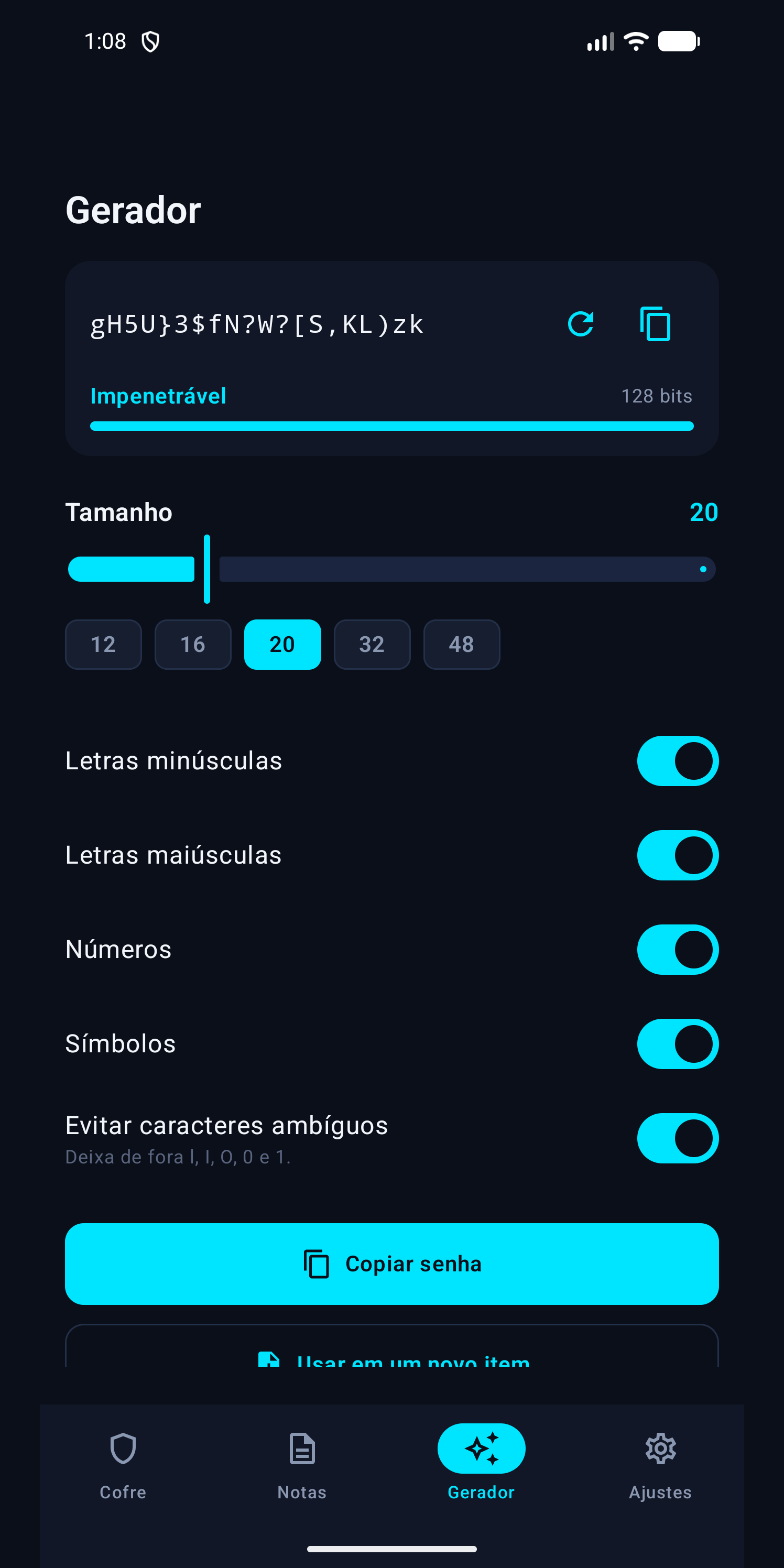Gerador com senha de 20 caracteres classificada como Impenetrável