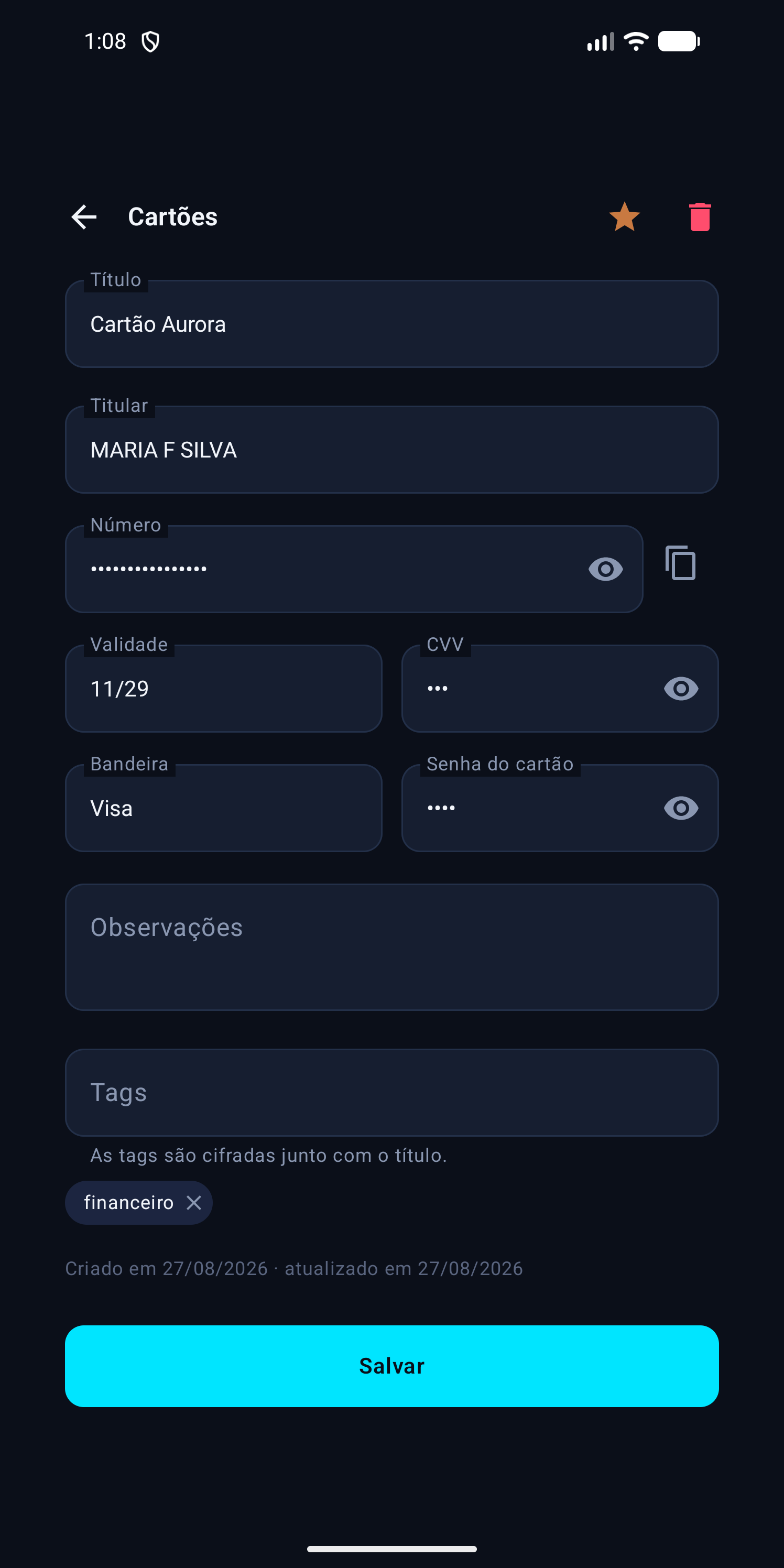 Cartão aberto, com número mascarado, validade e CVV