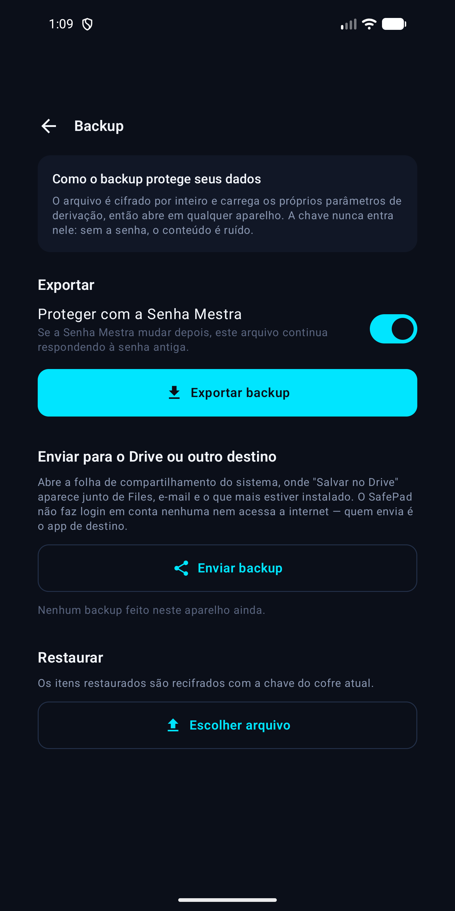 Tela de backup, com exportação local e envio pelo compartilhamento