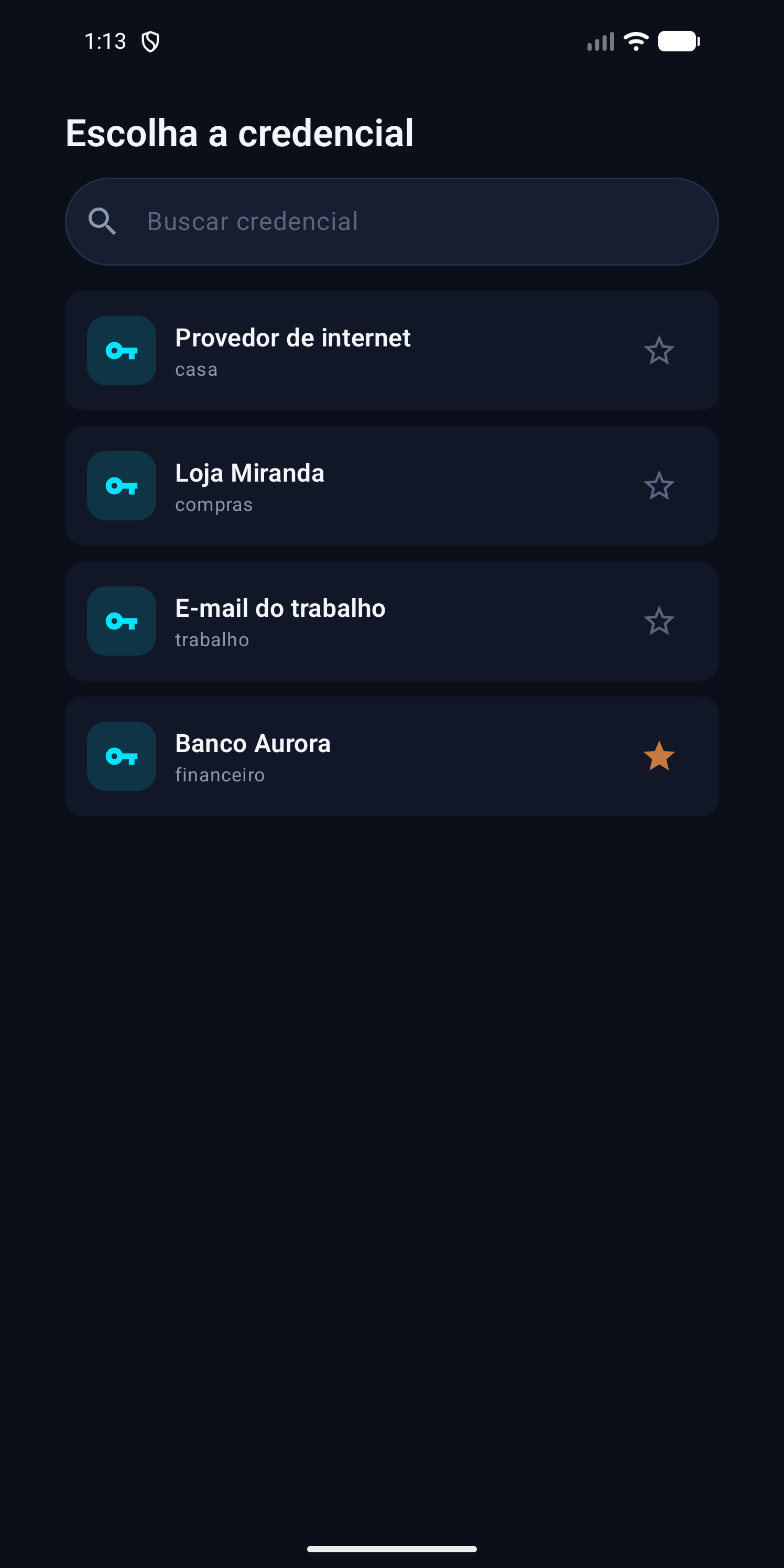 Tela de escolha da credencial no preenchimento automático